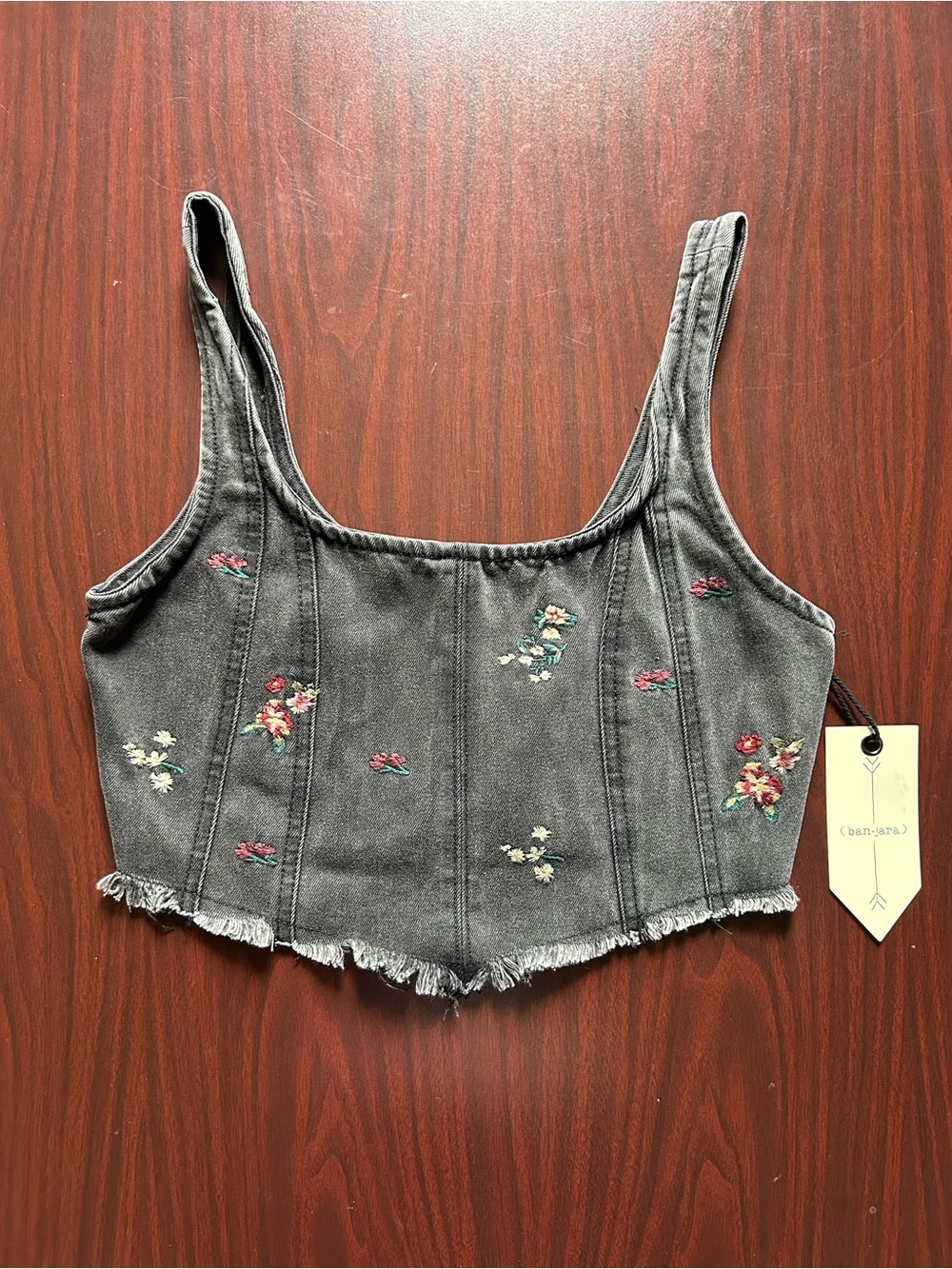 Banjara Black Embroidered Denim Crop Tank Top